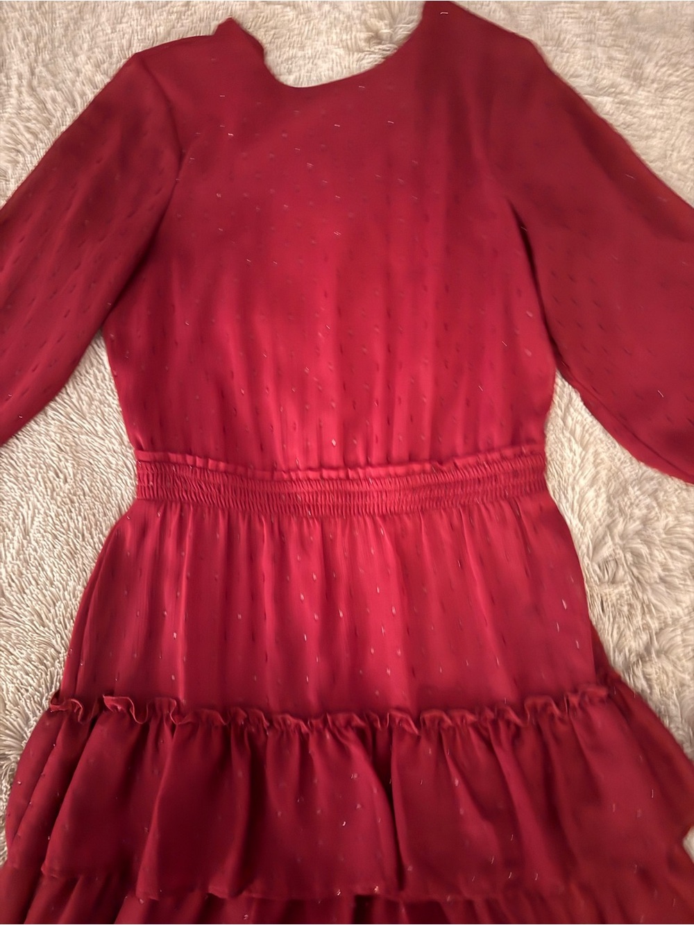 Express Women's Red Tiered Midi Dress with Subtle Metallic Dots